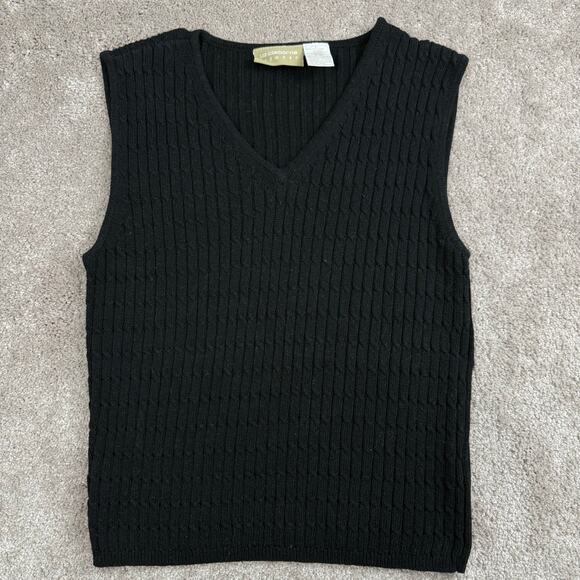 Black Liz Claiborne Sweater Vest Size L VNeck Cable Sleeveless Preppy Minimalist - Picture 1 of 4
